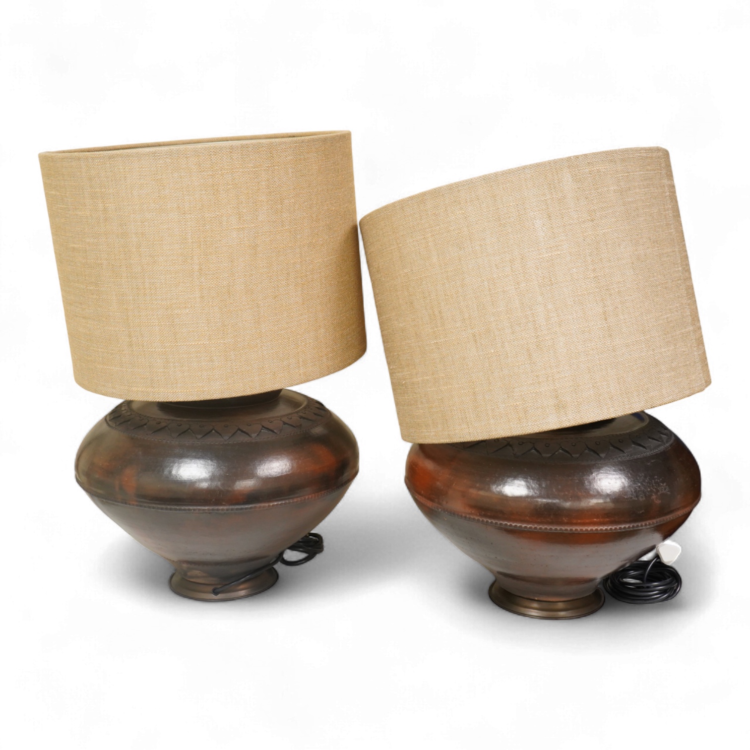 A pair of large brass table lamps and shades, 61cm high